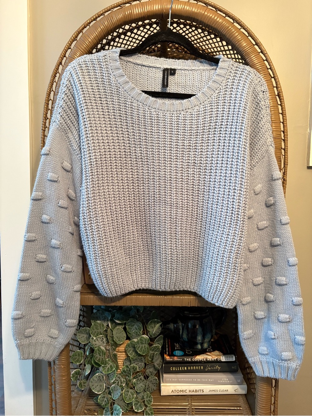moon & madison Light Blue Popcorn Sleeve Crewneck Sweater